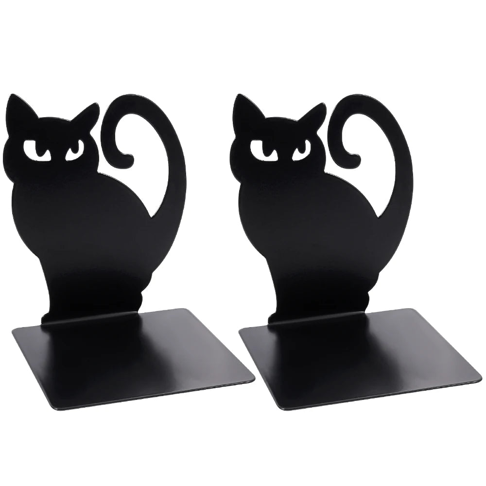 Black Cat Bookends — Heavy Iron Book Stand for Shelf & Desk