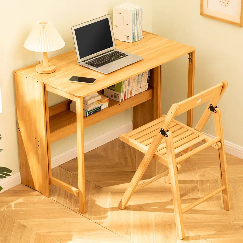 Foldable Bamboo Desk with Built-In Storage Shelf – No-Assembly Space-Saving Study & Computer Desk for Bedroom & Small Spaces