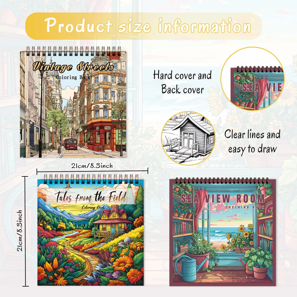 Cartoon Landscape Coloring Books Set of 3 – Vintage Streets, Tales from the Field & Sea View Room | Spiral-Bound, 30 Pages Each