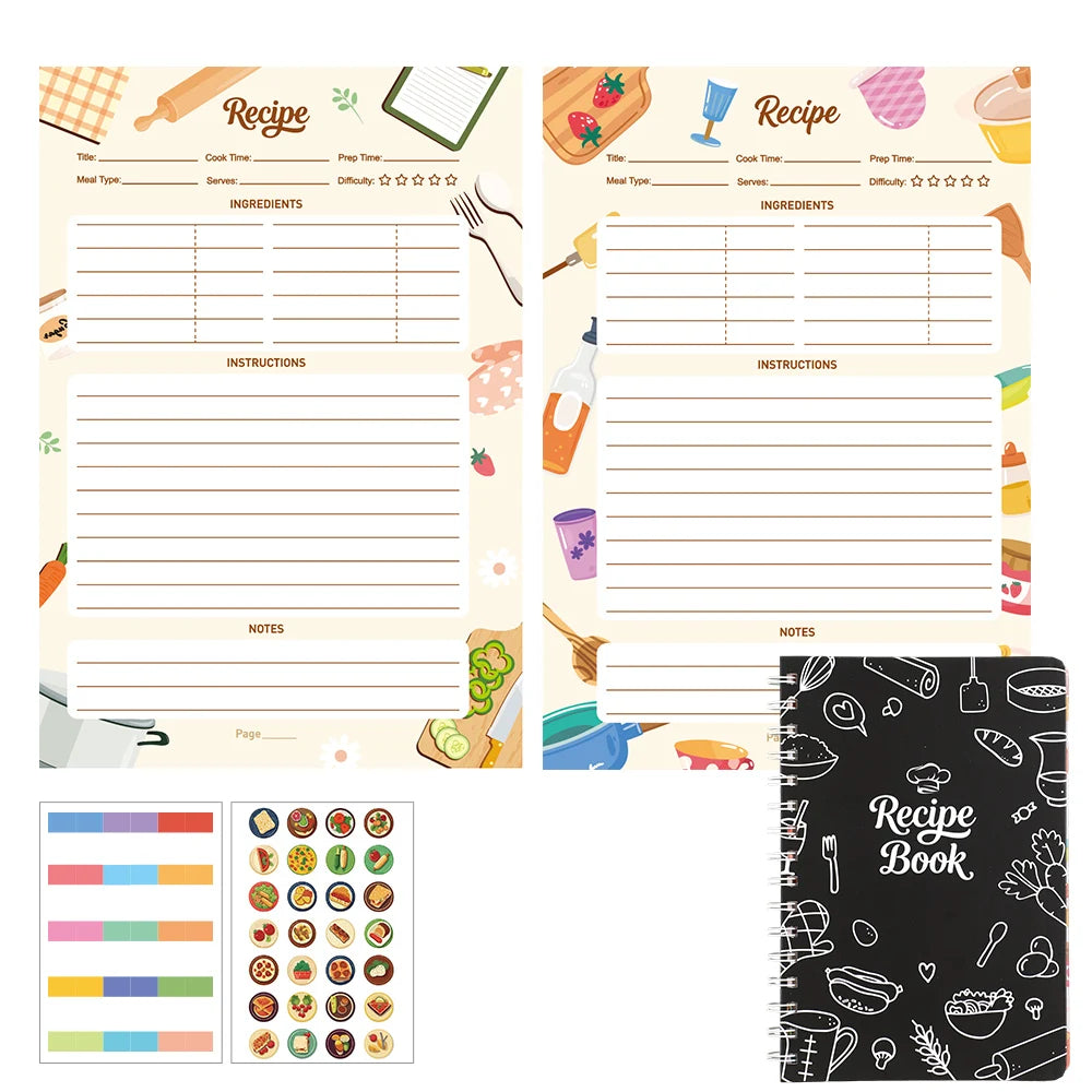 Recipe Journal – 120-Page Spiral Hardcover Recipe Book | Illustrated Inner Pages, Kitchen Conversion Chart & Food Stickers | 2 Cover Designs