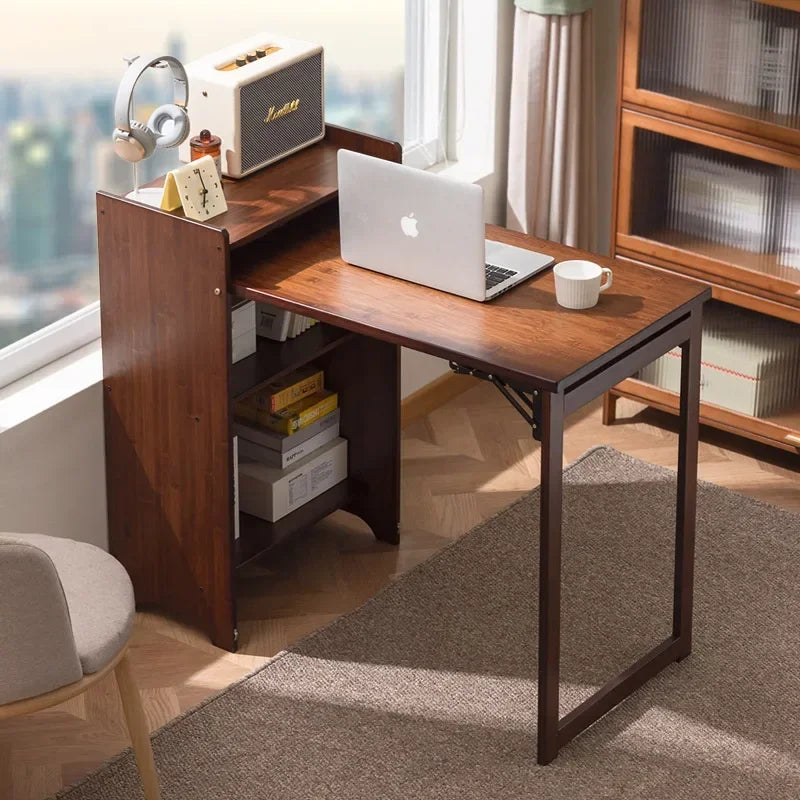 Foldable Bamboo Desk with Built-In Storage Shelf – No-Assembly Space-Saving Study & Computer Desk for Bedroom & Small Spaces