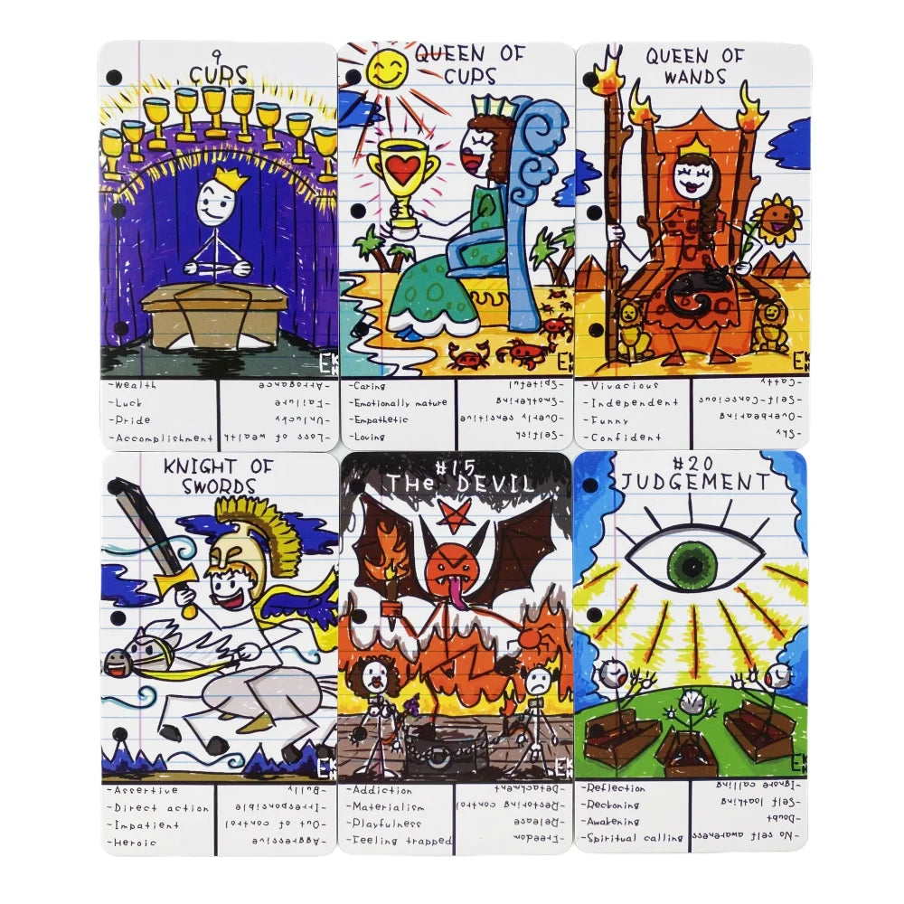 Doodle Tarot by Em K. Holloway - 78 Card Study Deck for Beginners | Keywords on Every Card | Wicked Hollow