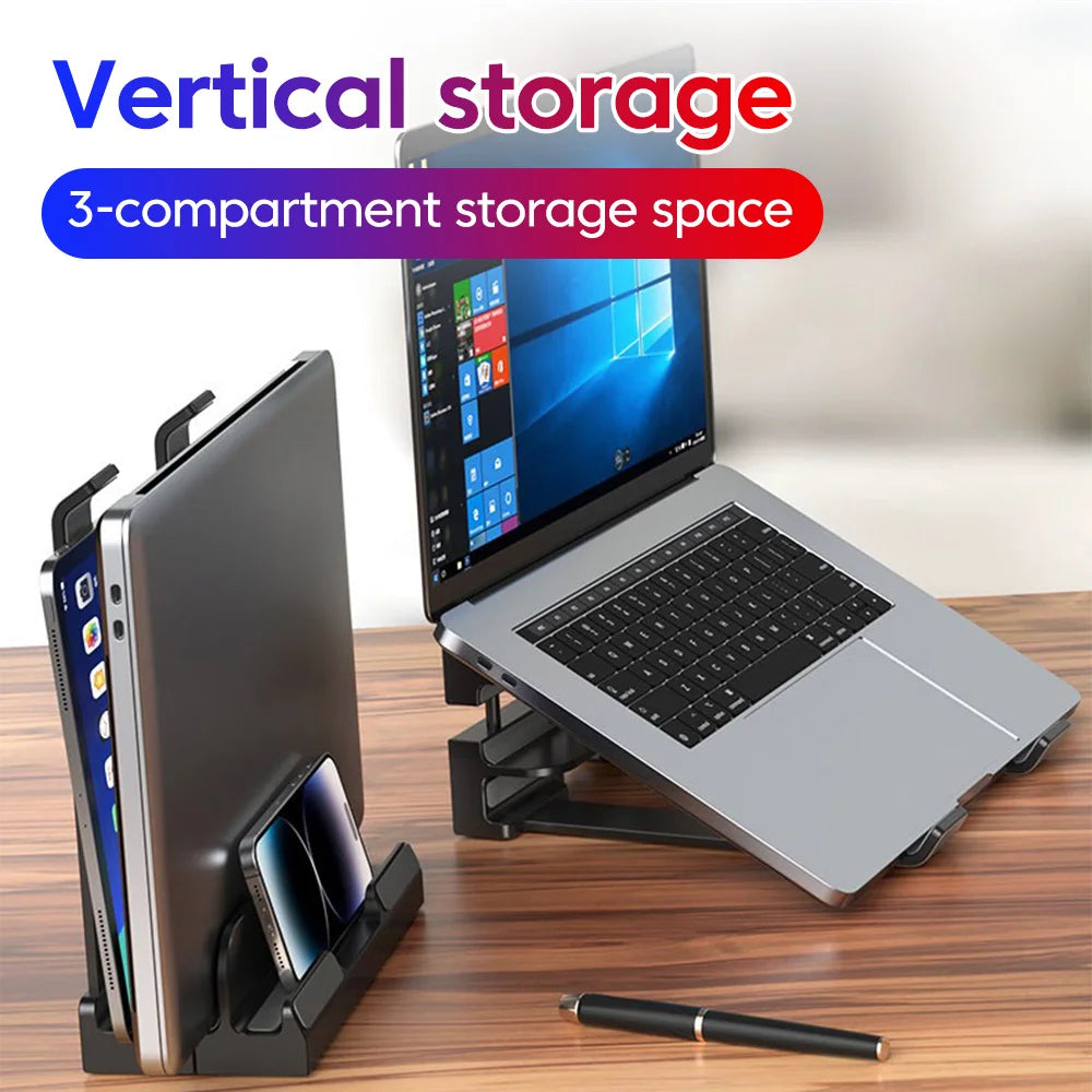 2-in-1 Foldable Laptop Stand & Vertical Storage Rack – Adjustable, Foldable | MacBook, iPad, Tablet & Phone