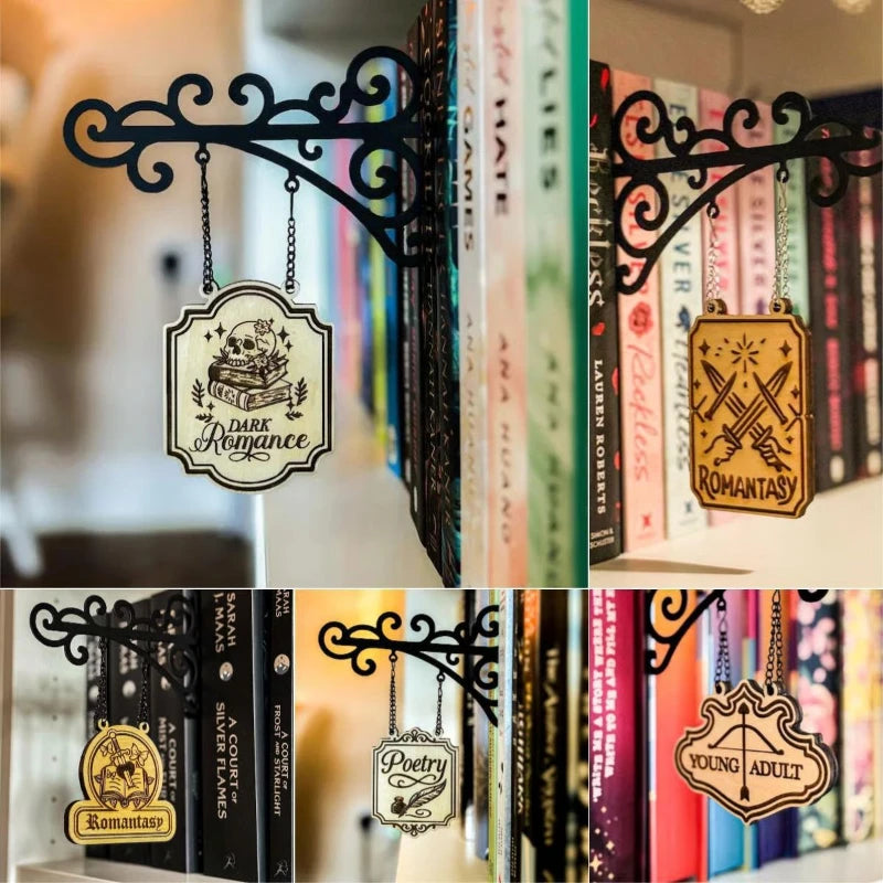 Literary Bookshelf Sign – Hangable Wooden Genre Plaque for Book Lovers | Dark Romance, Poetry & More