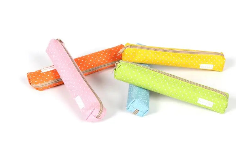 Kawaii Candy Color Pencil Case - Polka Dot Canvas Pen Pouch | 5 Pastel Colors | School & Office Stationery