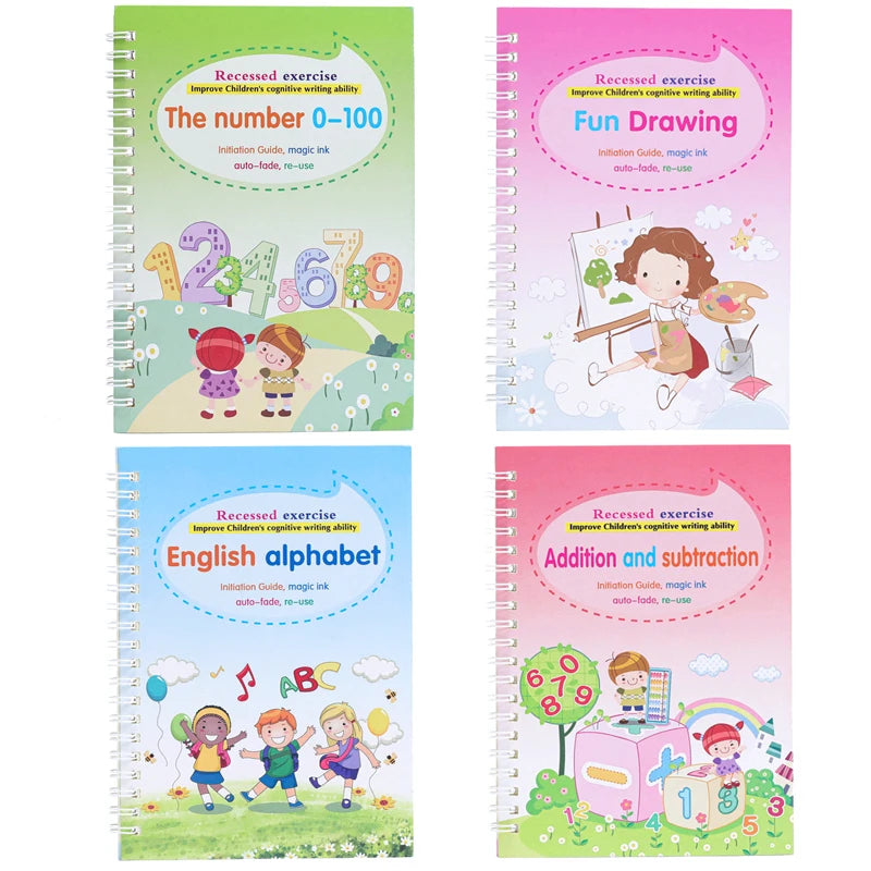Magic Reusable Writing Practice Books | 4-Book Set with Auto-Disappearing Ink Pen