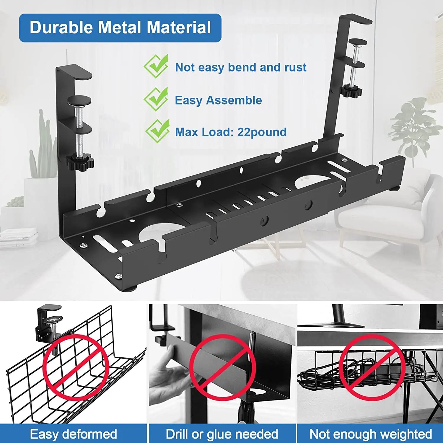 Under-Desk Cable Management Rack — Telescopic Metal Storage Tray, No Drilling Required
