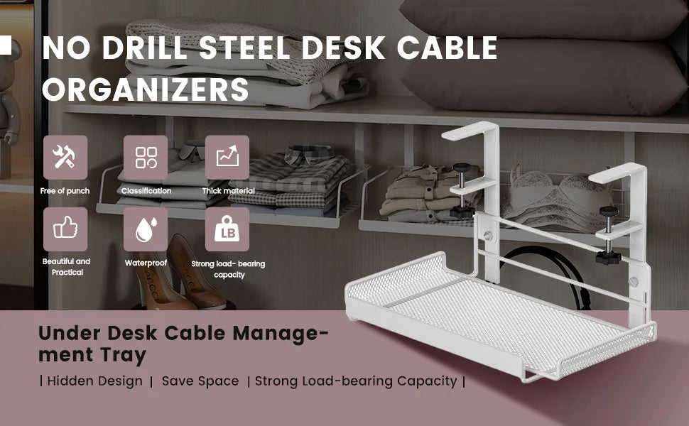Under-Desk Hanging Storage Rack - Multi-Compartment Organizer | Small or Large | White or Black | Office & Home Workstation