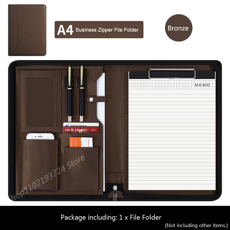 Executive A4 Leather Portfolio Folder – Zippered PU Leather Padfolio | With or Without Calculator | Black, Bronze, Blue & Brown