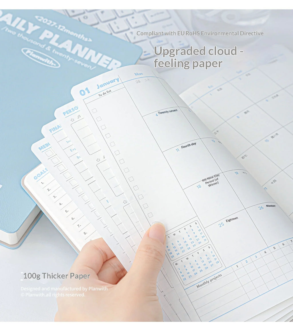 Planwith 2027 Daily Planner – 12-Month Weekly Agenda | Soft PU Cover, 180° Flat Open, 100gsm Paper | 12 Pastel Colors | Gift Box