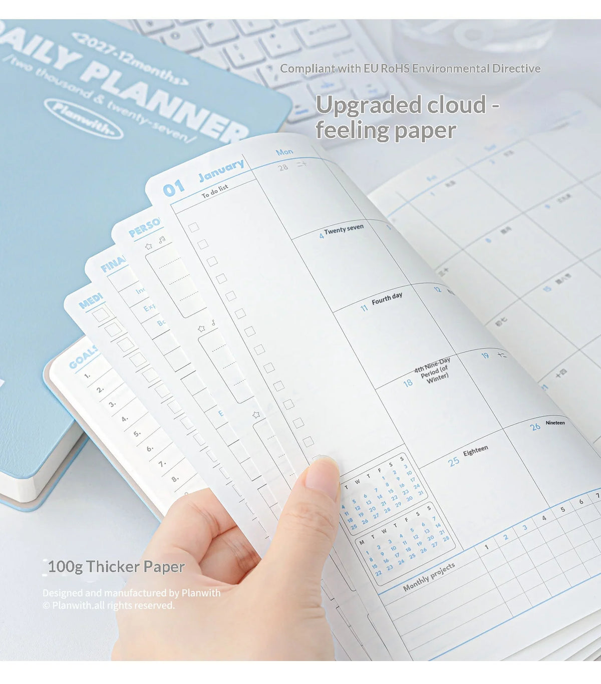 Planwith 2027 Daily Planner – 12-Month Weekly Agenda | Soft PU Cover, 180° Flat Open, 100gsm Paper | 12 Pastel Colors | Gift Box
