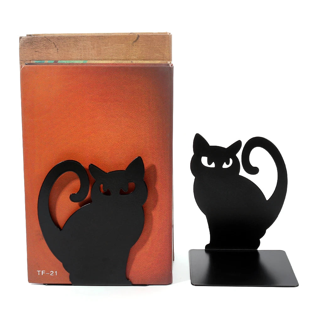 Black Cat Bookends — Heavy Iron Book Stand for Shelf & Desk