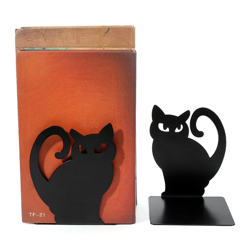 Black Cat Bookends — Heavy Iron Book Stand for Shelf & Desk