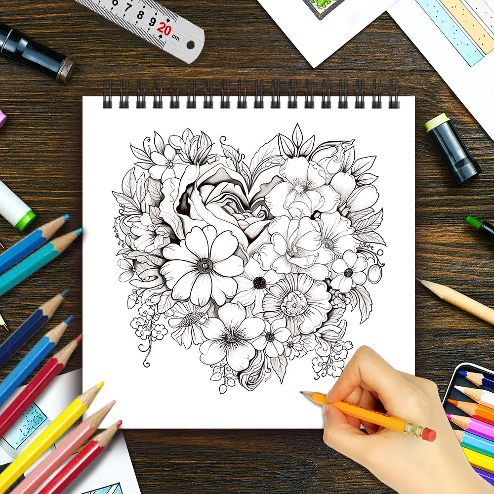 Adult level Spiral Coloring Book - 30 Sheets Floral Designs with Light Shading | 8.3x8.3" | Birthday & Holiday Gift