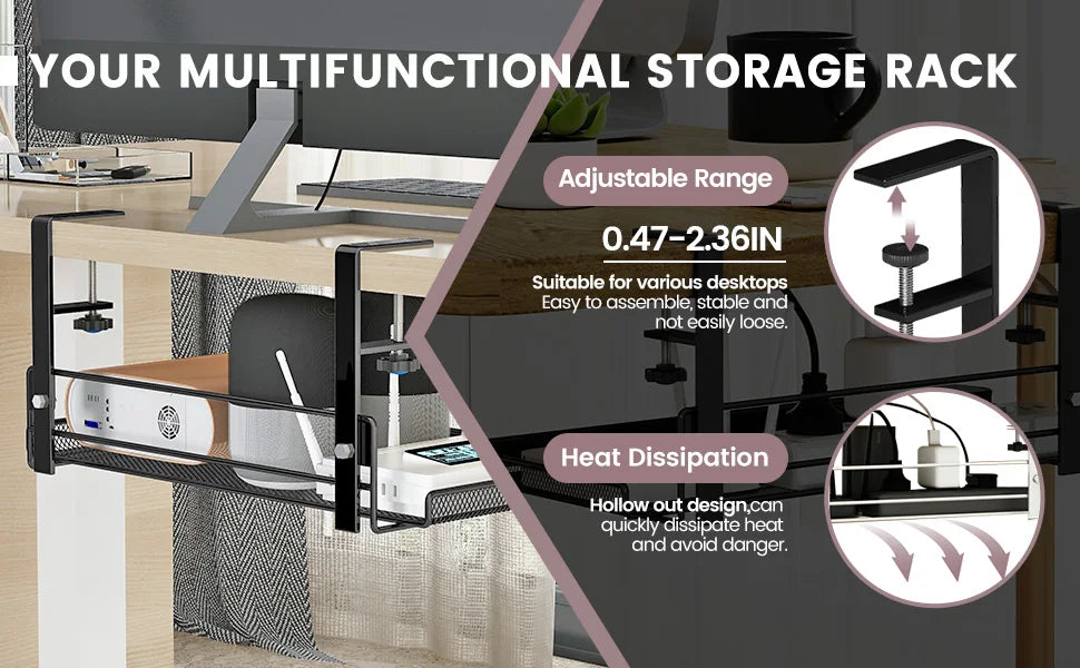 Under-Desk Hanging Storage Rack - Multi-Compartment Organizer | Small or Large | White or Black | Office & Home Workstation