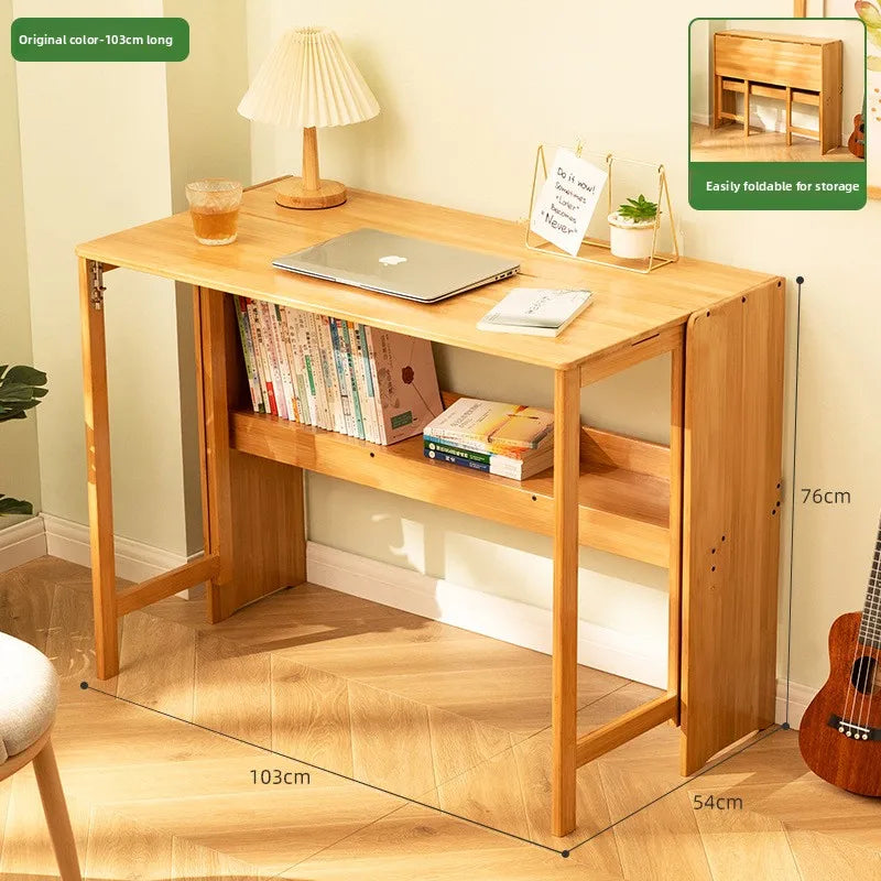 Foldable Bamboo Desk with Built-In Storage Shelf – No-Assembly Space-Saving Study & Computer Desk for Bedroom & Small Spaces
