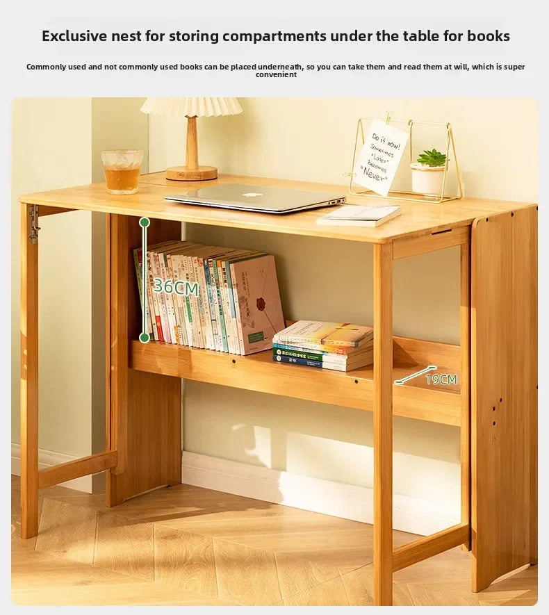 Foldable Bamboo Desk with Built-In Storage Shelf – No-Assembly Space-Saving Study & Computer Desk for Bedroom & Small Spaces