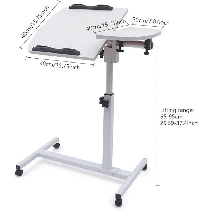 Rolling Bedside Laptop Desk with 360° Rotating & Tilting Top – Height Adjustable 59–89cm, Lockable Wheels | Black & White