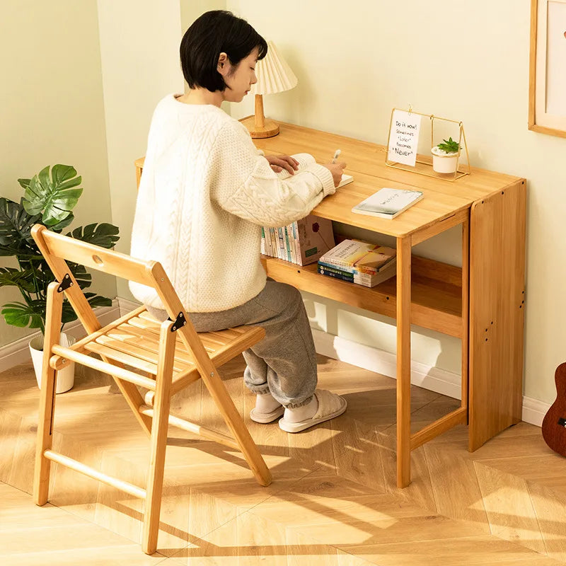 Foldable Bamboo Desk with Built-In Storage Shelf – No-Assembly Space-Saving Study & Computer Desk for Bedroom & Small Spaces