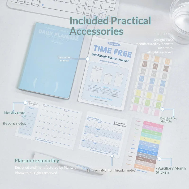 Planwith Undated Self-Fill Annual Planner – A5 / Mini / Week Style | PU Leather Cover, 96 Sheets | Start Anytime