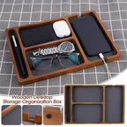 Wooden Desktop Storage Organizer Box with Compartments | Glasses, Phone, Earphones & Sundries | 2 Designs | Home & Office
