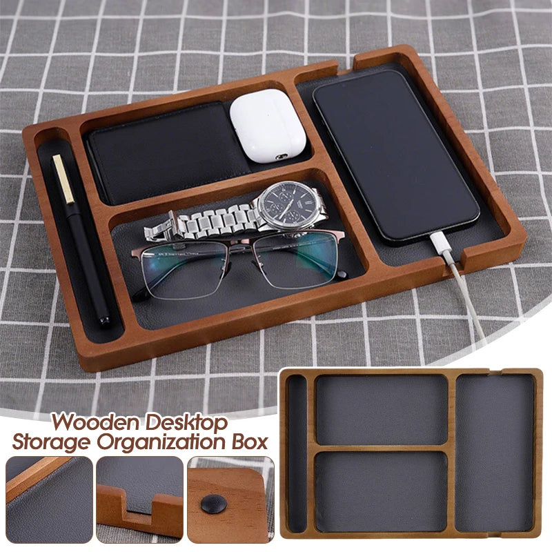 Wooden Desktop Storage Organizer Box with Compartments | Glasses, Phone, Earphones & Sundries | 2 Designs | Home & Office