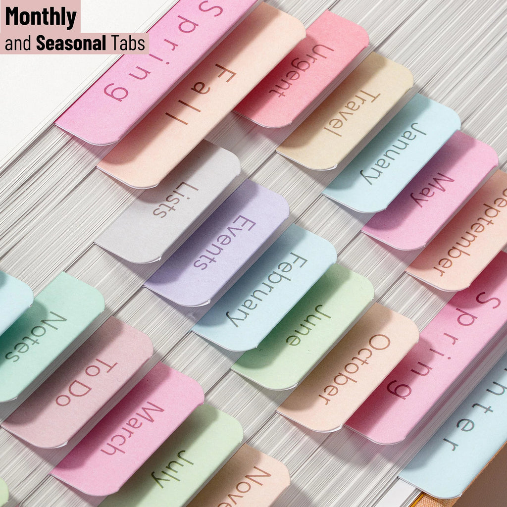 Planner Tabs Set – 84 Pieces | Monthly, Seasonal & Category Index Tabs | Pastel Colors | 12 Blank Tabs to Customize