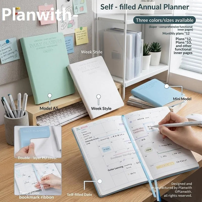 Planwith Undated Self-Fill Annual Planner – A5 / Mini / Week Style | PU Leather Cover, 96 Sheets | Start Anytime