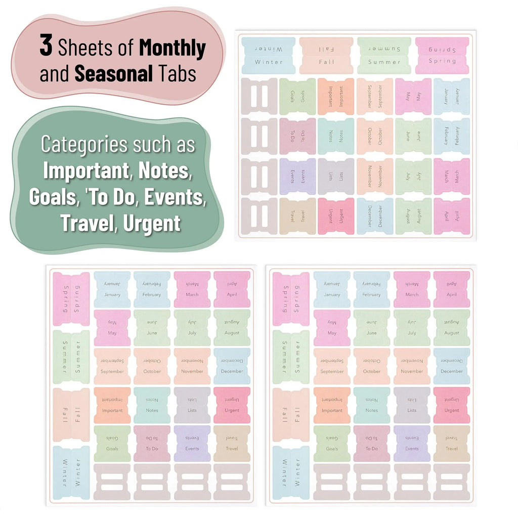 Planner Tabs Set – 84 Pieces | Monthly, Seasonal & Category Index Tabs | Pastel Colors | 12 Blank Tabs to Customize