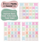 Planner Tabs Set – 84 Pieces | Monthly, Seasonal & Category Index Tabs | Pastel Colors | 12 Blank Tabs to Customize
