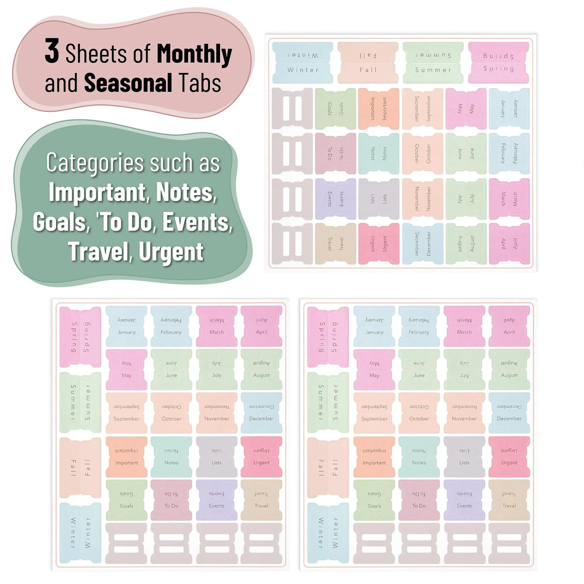 Planner Tabs Set – 84 Pieces | Monthly, Seasonal & Category Index Tabs | Pastel Colors | 12 Blank Tabs to Customize