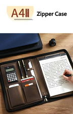 Executive A4 Leather Portfolio Folder – Zippered PU Leather Padfolio | With or Without Calculator | Black, Bronze, Blue & Brown