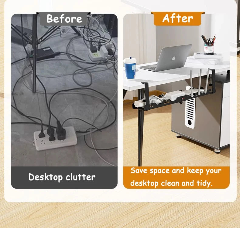 Under-Desk Cable Management Rack — Telescopic Metal Storage Tray, No Drilling Required