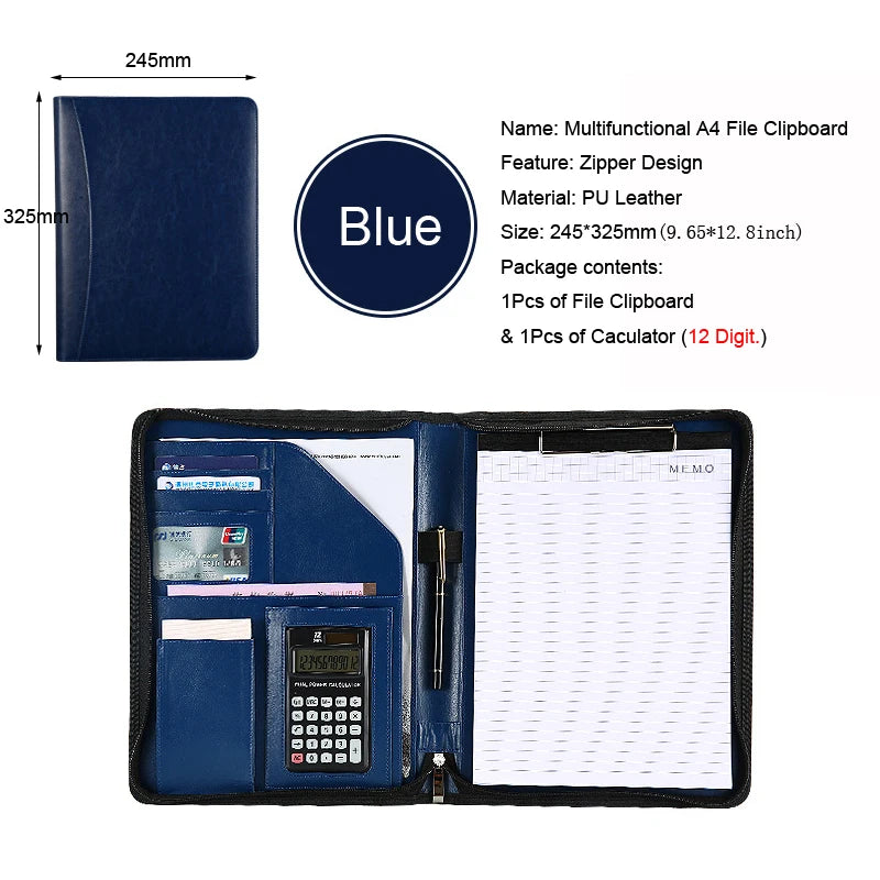 Executive A4 Leather Portfolio Folder – Zippered PU Leather Padfolio | With or Without Calculator | Black, Bronze, Blue & Brown
