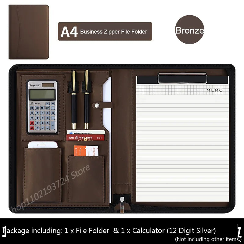 Executive A4 Leather Portfolio Folder – Zippered PU Leather Padfolio | With or Without Calculator | Black, Bronze, Blue & Brown