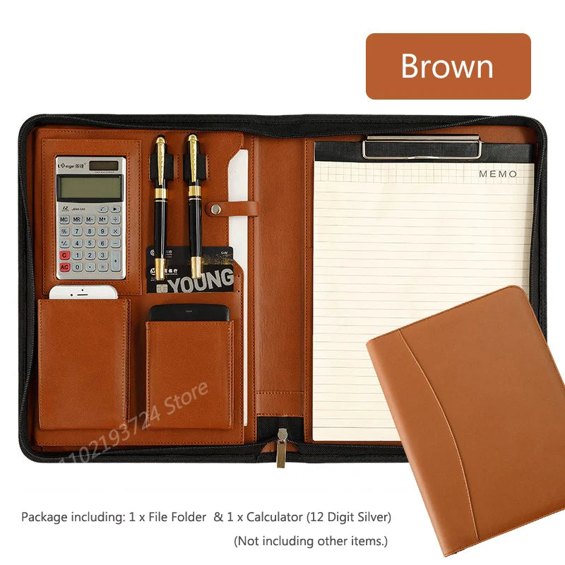 Executive A4 Leather Portfolio Folder – Zippered PU Leather Padfolio | With or Without Calculator | Black, Bronze, Blue & Brown