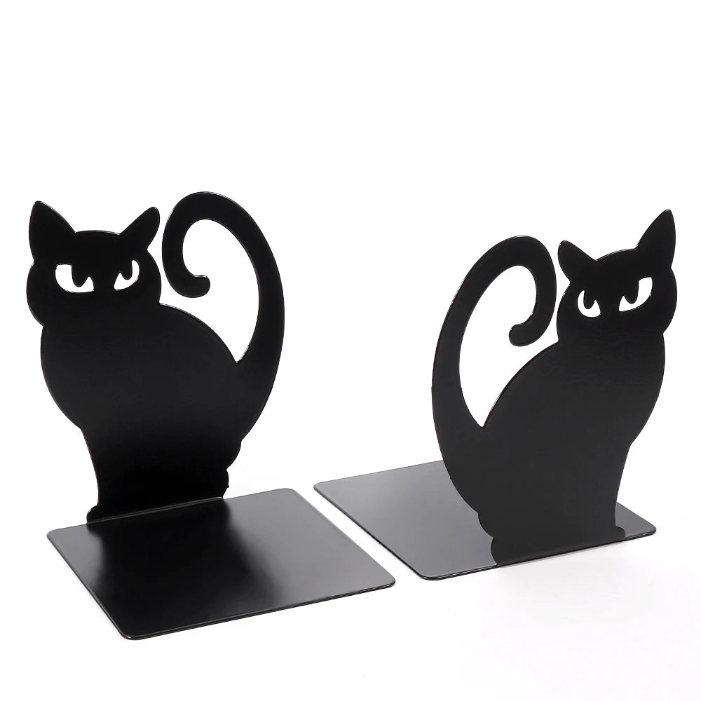 Black Cat Bookends — Heavy Iron Book Stand for Shelf & Desk