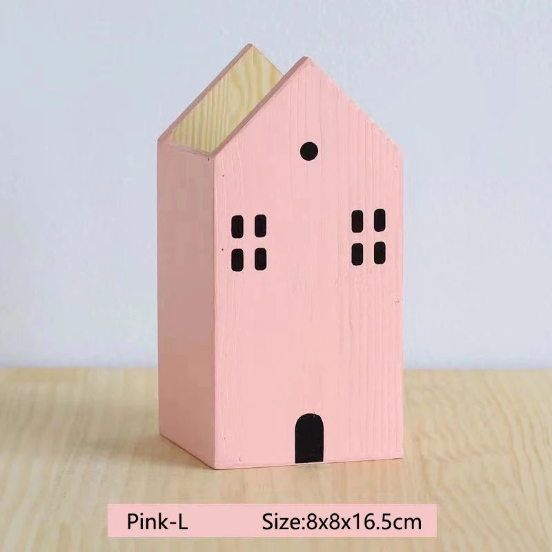 Wooden House Pen Holder - Cute Bookshelf-Style Desktop Organizer & Storage Box