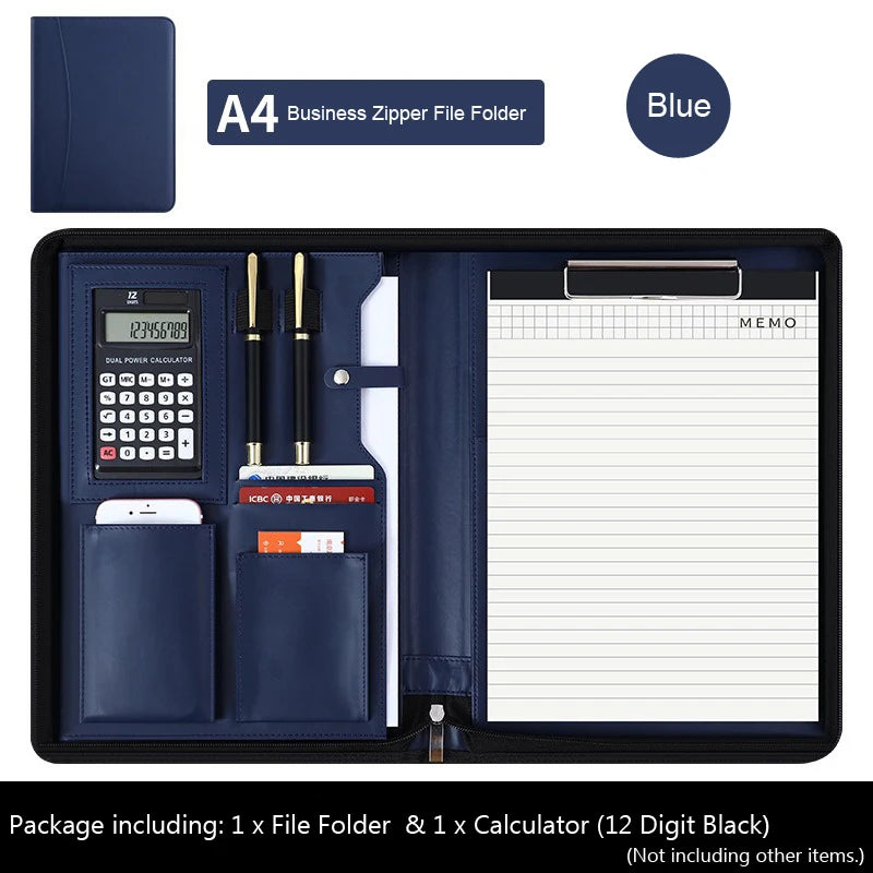 Executive A4 Leather Portfolio Folder – Zippered PU Leather Padfolio | With or Without Calculator | Black, Bronze, Blue & Brown