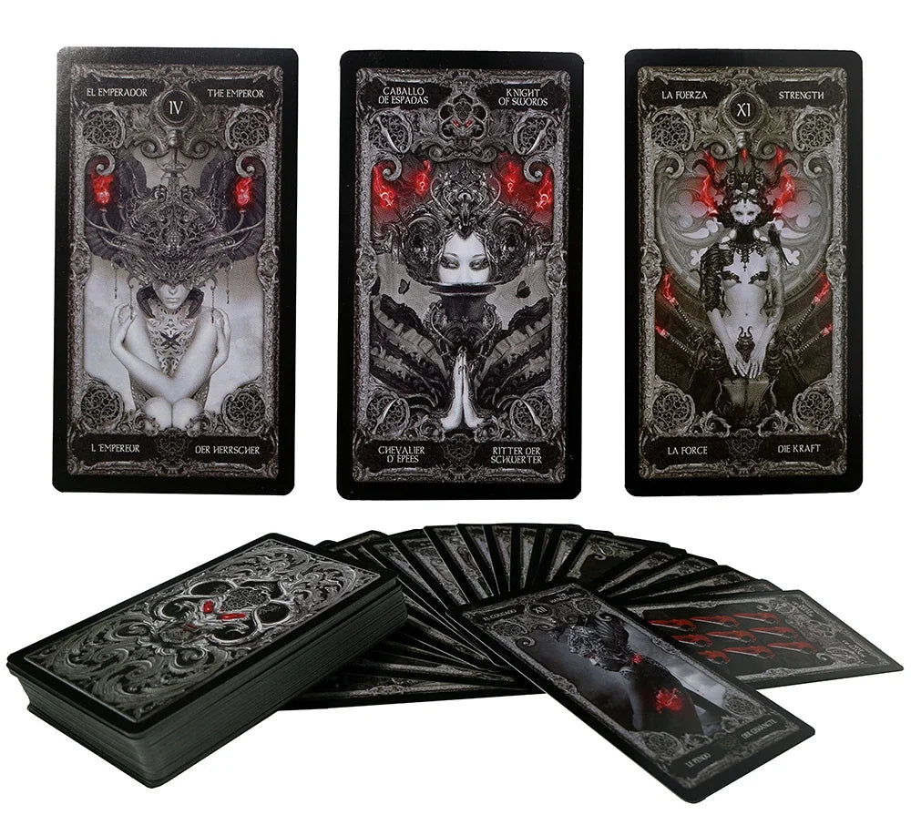 XIII Dark Tarot Deck - 78 Cards Gothic Mysterious Divination | 5 Languages on Every Card | QR Guide Included | Adults 18+