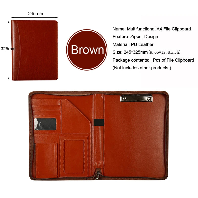 Executive A4 Leather Portfolio Folder – Zippered PU Leather Padfolio | With or Without Calculator | Black, Bronze, Blue & Brown