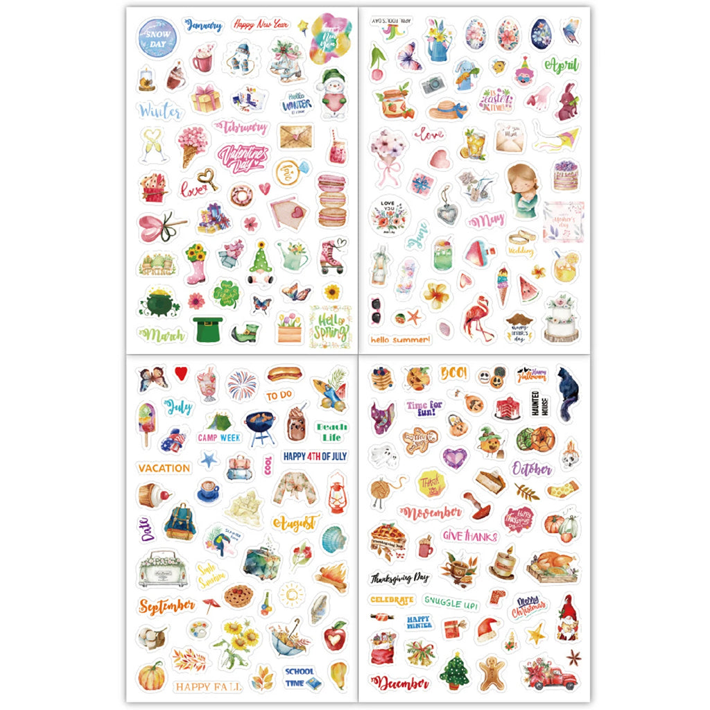 Monthly Calendar Stickers – 4 Sheets, 195 Stickers | Seasonal & Holiday Designs for Planners, Journals & Scrapbooks