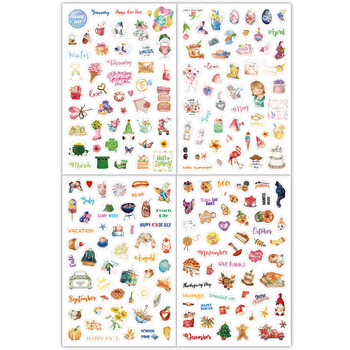 Monthly Calendar Stickers – 4 Sheets, 195 Stickers | Seasonal & Holiday Designs for Planners, Journals & Scrapbooks