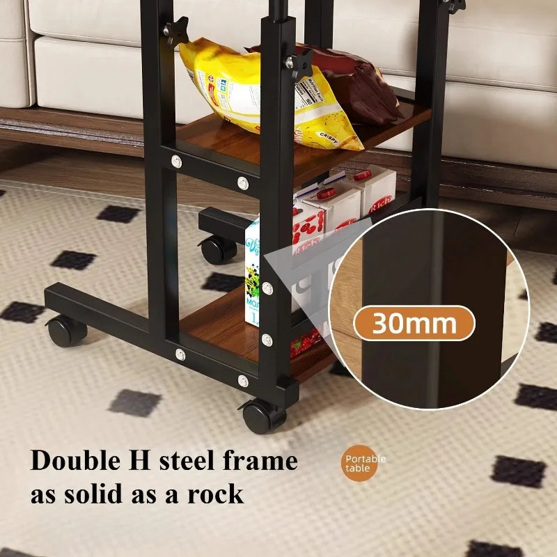 Rolling Height-Adjustable Desk with Storage Shelves – Overbed, Bedside & Study Table for Bedroom, Dorm & Home Office