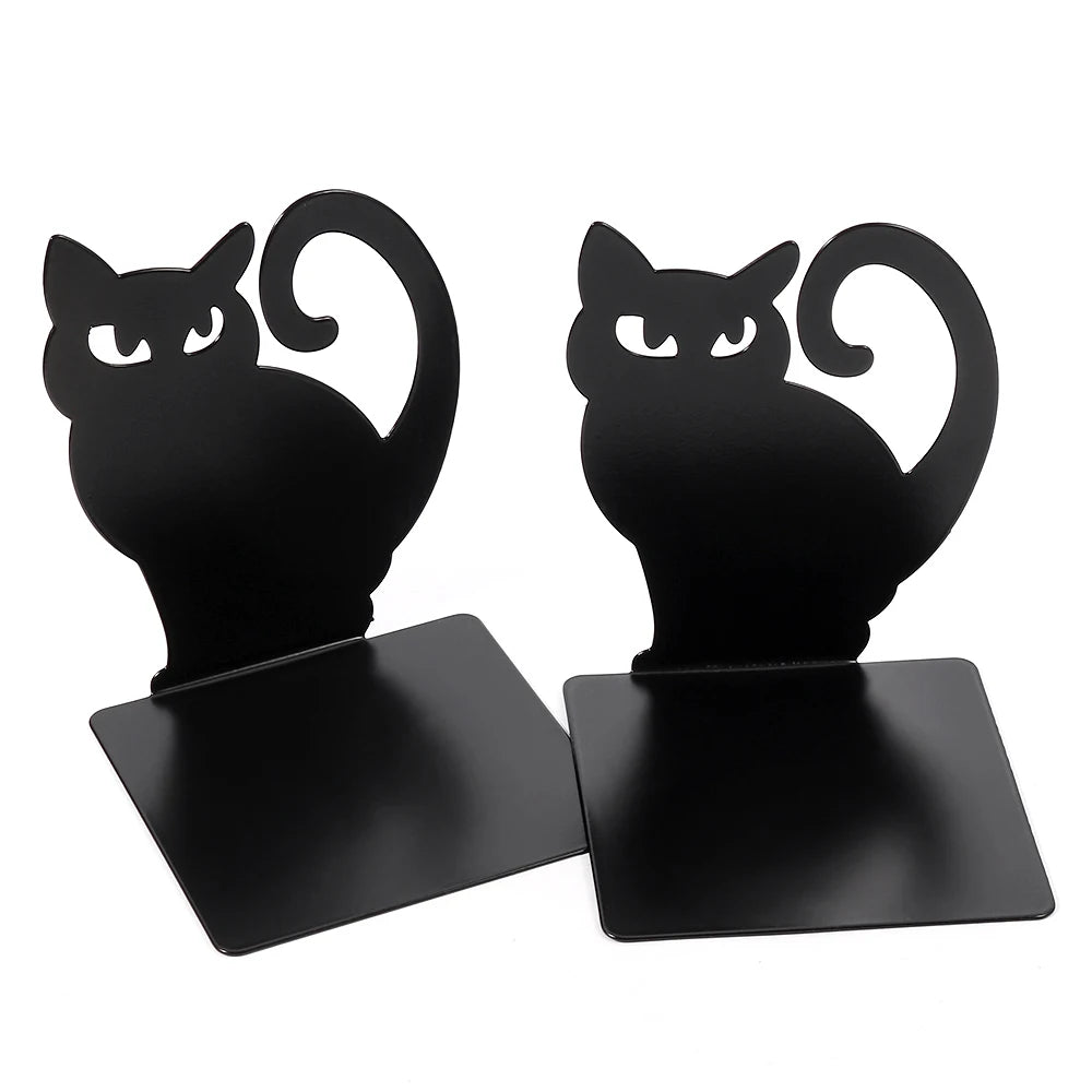 Black Cat Bookends — Heavy Iron Book Stand for Shelf & Desk