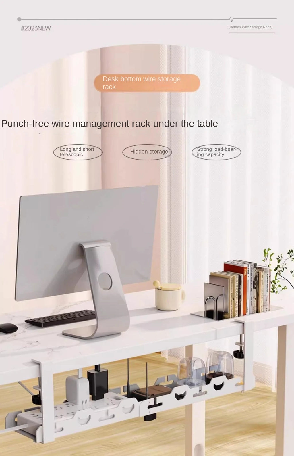 Under-Desk Cable Management Rack — Telescopic Metal Storage Tray, No Drilling Required