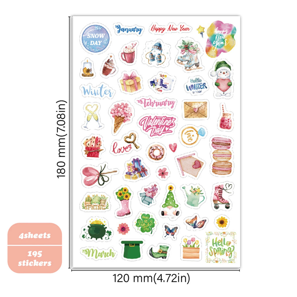Monthly Calendar Stickers – 4 Sheets, 195 Stickers | Seasonal & Holiday Designs for Planners, Journals & Scrapbooks