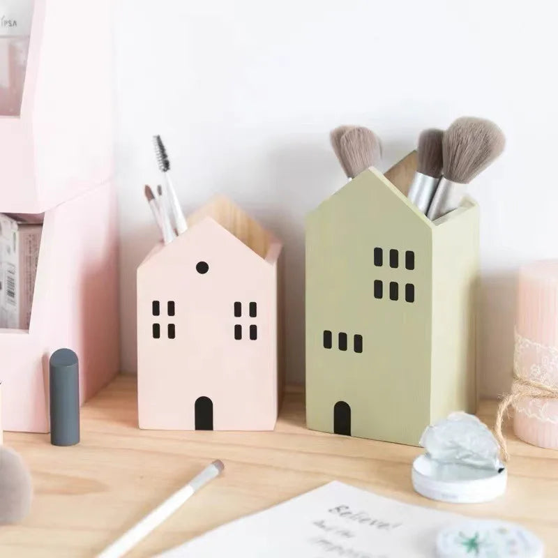 Wooden House Pen Holder - Cute Bookshelf-Style Desktop Organizer & Storage Box
