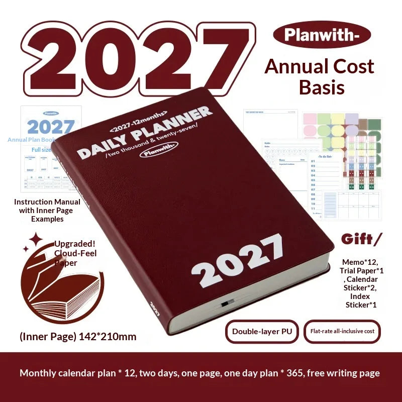 Planwith 2027 Daily Planner – 12-Month Weekly Agenda | Soft PU Cover, 180° Flat Open, 100gsm Paper | 12 Pastel Colors | Gift Box