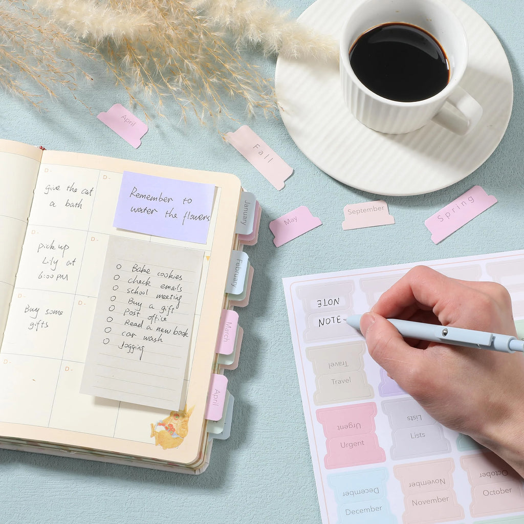 Planner Tabs Set – 84 Pieces | Monthly, Seasonal & Category Index Tabs | Pastel Colors | 12 Blank Tabs to Customize